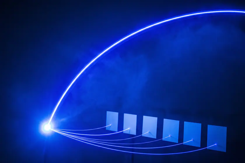 One bright node sending a single blue line outward while six fainter lines curve back to it from different directions.