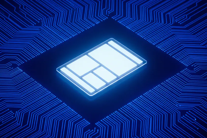 A brightly lit blank page-shaped card standing alone; the surrounding blue network lines stop short and never reach its edges.