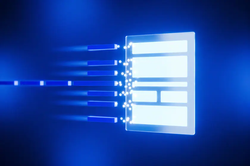 A row of identical small glowing bars travelling toward a blank page-shaped card, each adding one point of light to a cluster on its edge.