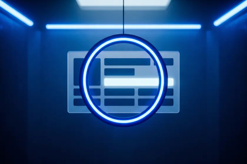 A blank page-shaped card seen through a thick blue ring, with one horizontal block inside the ring brightly lit and the rest dark.
