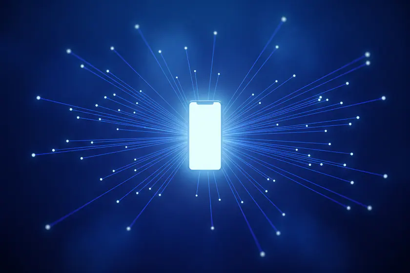 A blank phone-shaped panel of white light at the centre of a wide blue network, dozens of fine lines converging on it.