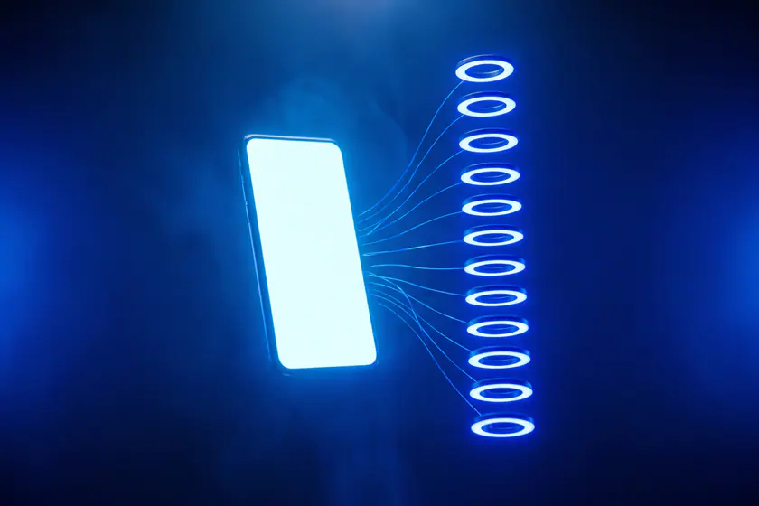 A blank phone-shaped panel of light beside a vertical column of twelve identical small glowing rings.