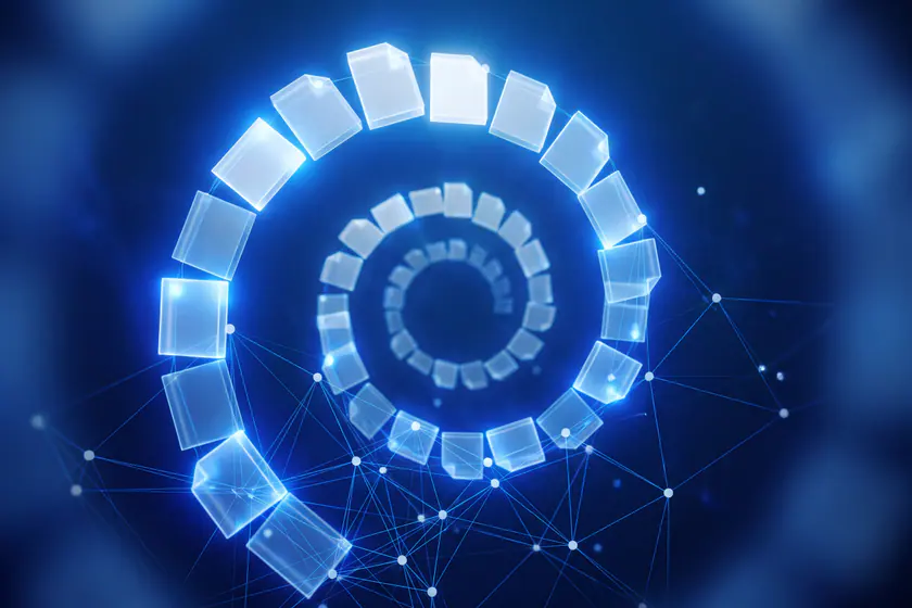 A spiral of blank page-shaped cards receding into blue distance, each adding a point of light to a constellation that grows denser.