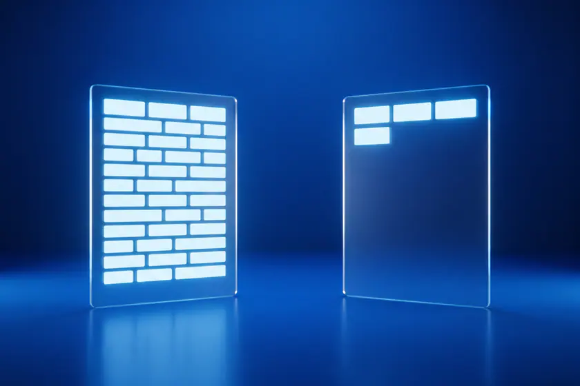 Two blank page-shaped cards of the same size: the left one dense with white blocks, the right one holding only a few.