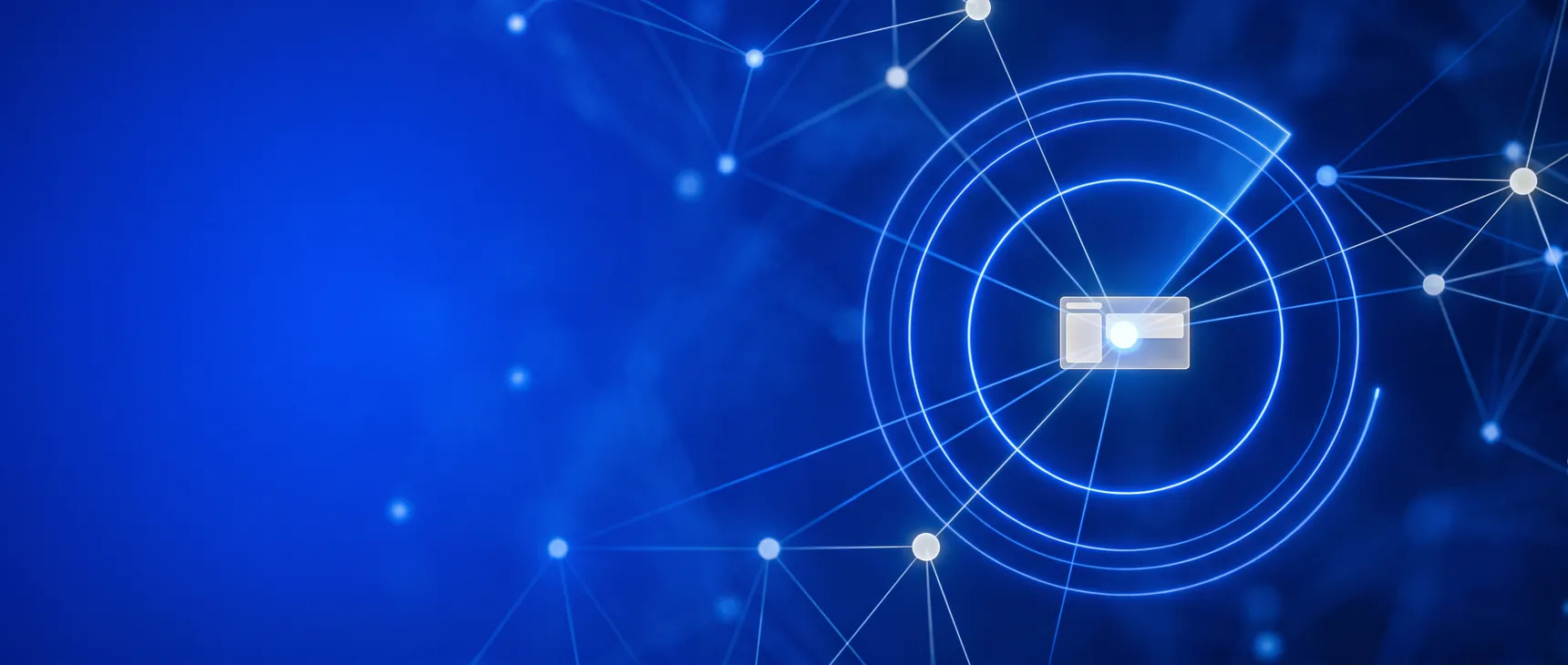 A deep blue space filled with a constellation of small glowing nodes joined by fine lines of light; on the right, thin concentric rings of royal-blue light close in on the one node that shines brighter than the rest, and that node holds a small translucent card laid out in blank off-white blocks — the website the search has found.